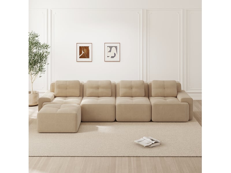Canapé modulable 4 places avec méridienne en l beige en velours côtelé – 382 x 177 x 69 cm - Conforama C