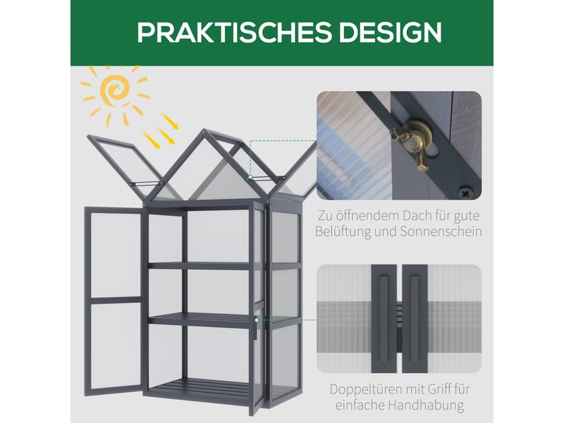 Mini serre en bois - 3 niveaux - toit ouvrant - gris - bonne ventilation - plaques de polycarbonate 70.5x42x132cm - Conforama E