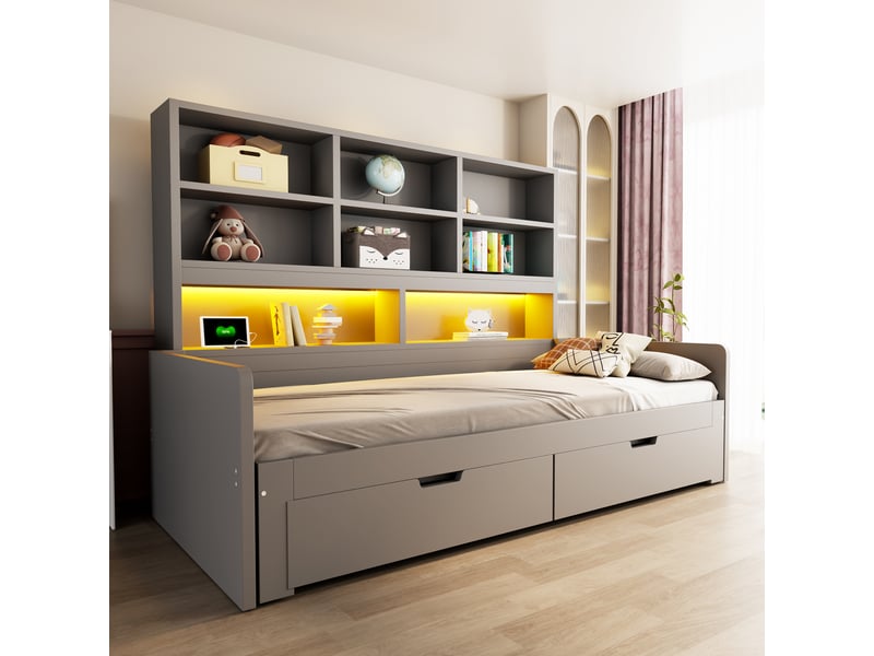  Lit banquette 90×200 cm extensible 180×200 cm avec 2 tiroirs, led et prises - okmyhome- mdf, gris, sans matelas  - Conforama C