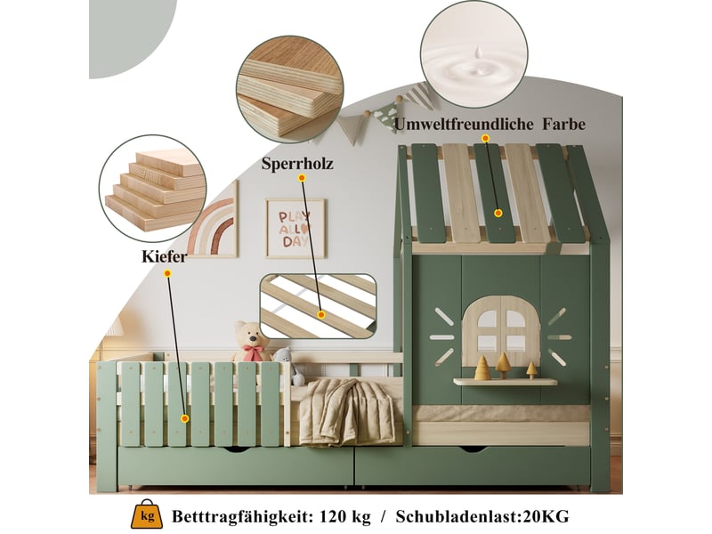  Lit enfant 90x200 cm vert et naturel, design maison avec toit, fenêtre et 2 tiroirs  - Conforama E
