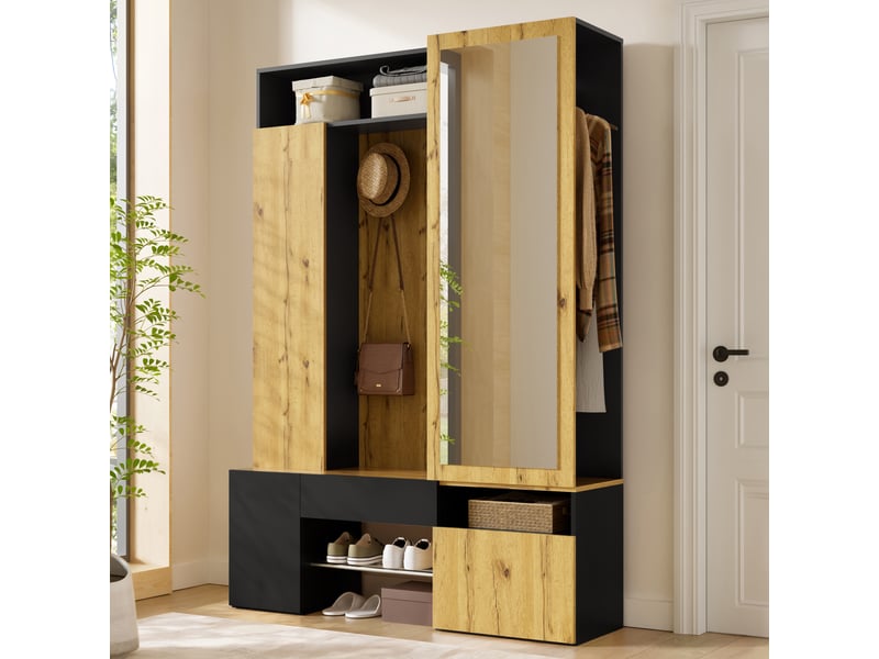 Meubles d'entrée avec miroir, penderie, porte-manteaux et rangement chaussures en mdf 127×35×180,5 cm noir naturel  - Conforama B