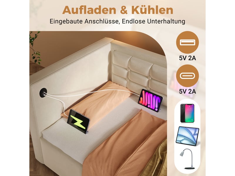  Canapé-lit rembourré 90x200 cm, beige, canapé-lit adulte avec espace de rangement hydraulique et station de recharge usb et type-c  - Conforama E