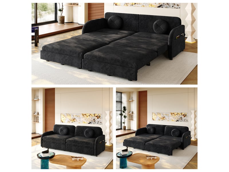 Canapé convertible 3 places 206 x 84 x 90 cm en chenille, 3-en-1 avec coussins amovibles et poches latérales, noir - Conforama B