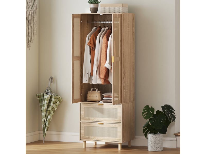 Armoire penderie 2 portes 2 tiroirs style bohème rotin  - Conforama B