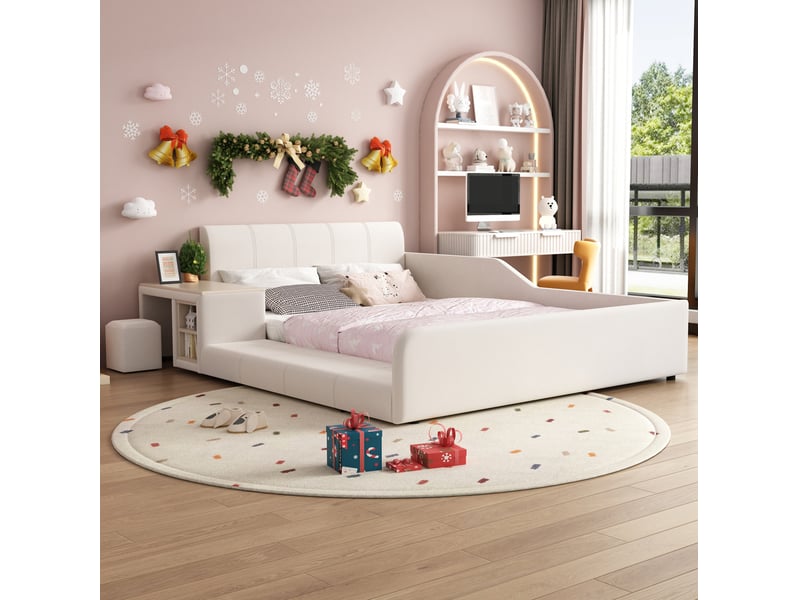 Lit enfant rembourré avec bureau et tabouret en velours blanc 140 x 200 cm - Conforama D