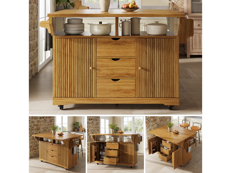  Îlot de cuisine, 142,5 × 80 × 95 cm, 2 portes et 3 tiroirs, mdf, marron, rangement fonctionnel, mobilier gain de place  - Conforama D