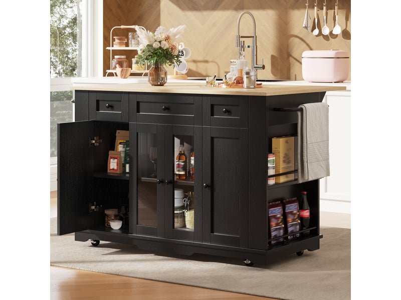  Table de bar pivotante à 360 degrés, îlot central extensible avec porte en verre trempé bombé, meuble bar noir moderne en mdf  - Conforama C