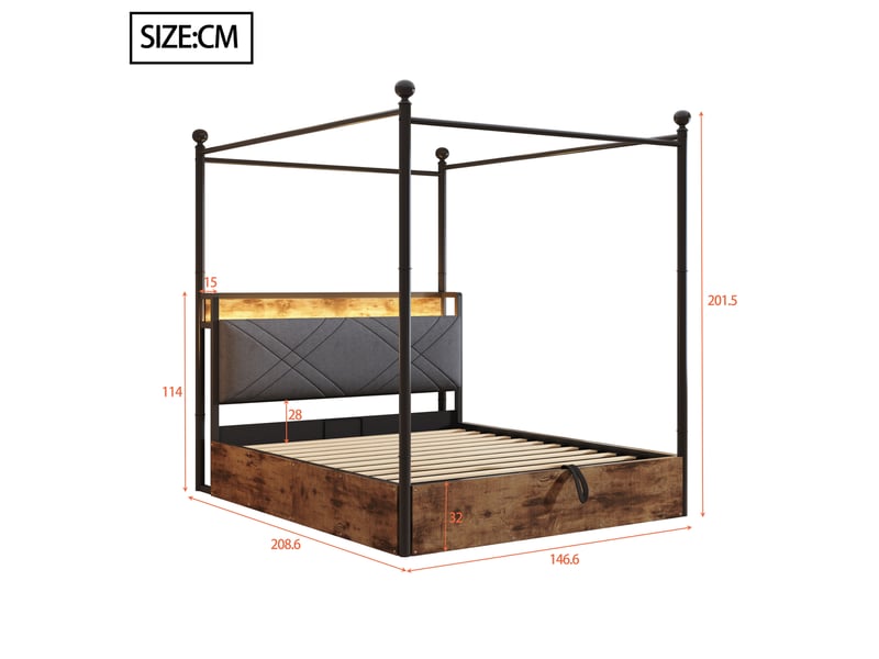  Lit baldaquin 140x190 cm fer forgé noir avec led usb-c et coffre  - Conforama C