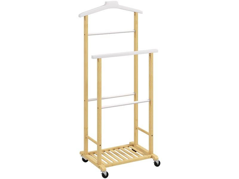  Valet de chambre à roulettes, portant à vêtements en bambou avec cintre intégré, naturel, tiges à pantalons et étagère  - Conforama B
