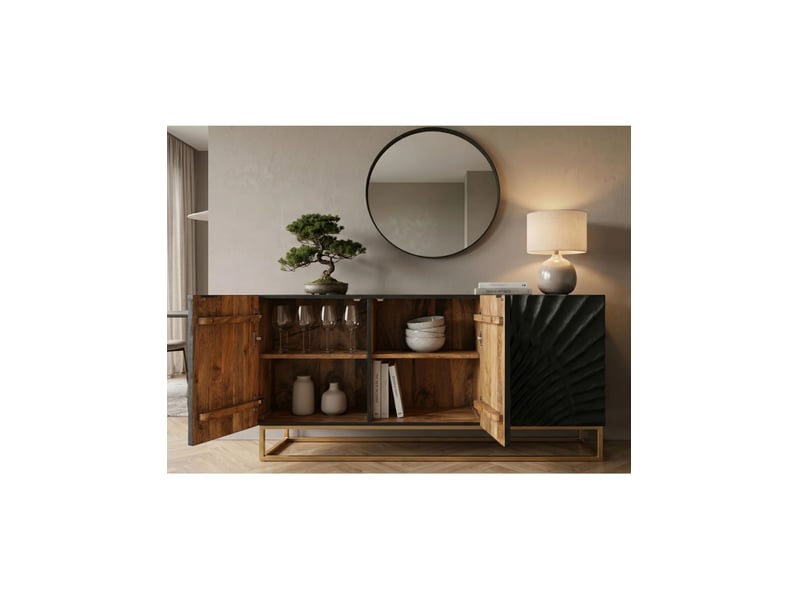  Buffet bas silva 3 portes noir et doré en bois massif de manguier sculpté – 140 x 75 x 38 cm  - Conforama E
