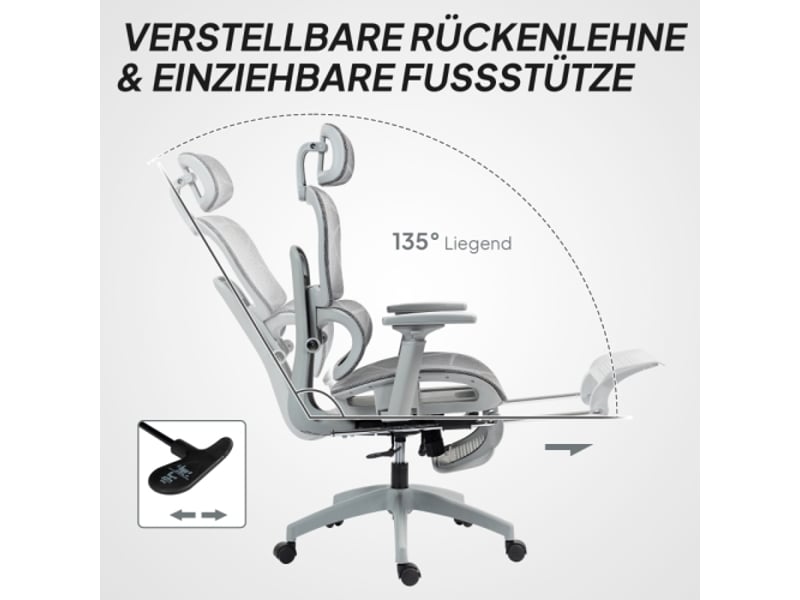 Chaise de bureau ergonomique en mesh gris, réglable, à roulettes, accoudoirs et appui-tête - Conforama E