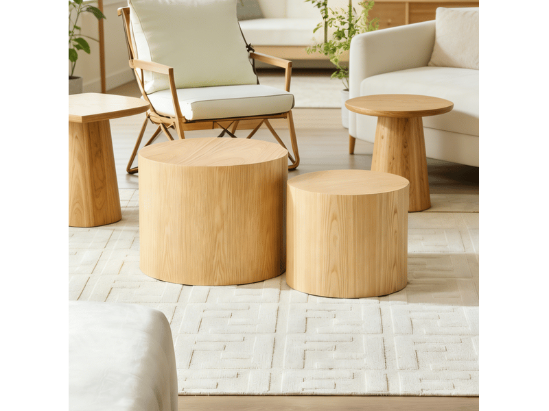  Tables basses gigognes rondes 2 pièces en mdf finition naturelle, résistantes aux éclaboussures, sans montage, salon  - Conforama D