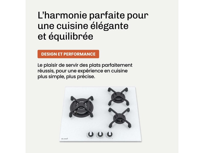  Beldeko plaque gaz 3 foyers 6200 w - verre blanc - brûleur double couronne - grilles en fonte - marque française  - Conforama C