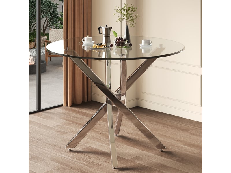  Table à manger ronde 80x80x75 cm en verre trempé, pieds métal argenté croisés, 2 à 4 places, moderne  - Conforama W