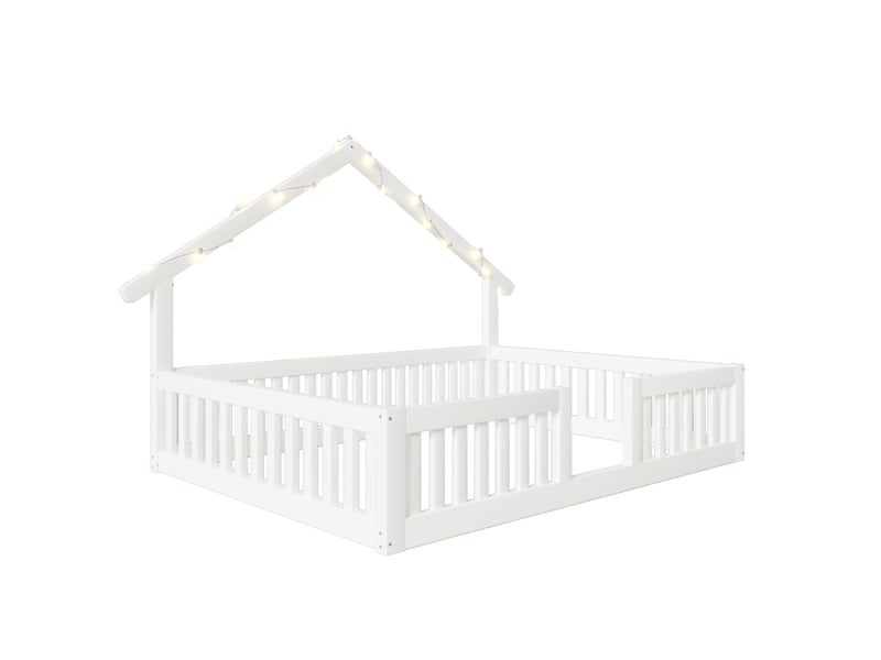  Lit cabane enfant 140x200 cm, lit au sol avec barrières et led, blanc, sans matelas  - Conforama D