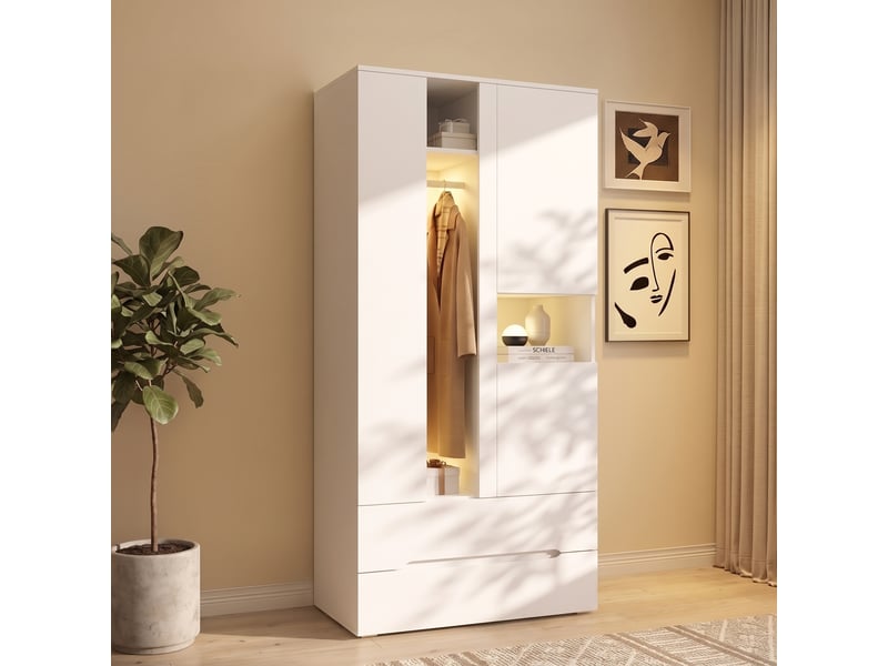  Armoire de chambre blanche avec led 90x50x200 cm 3 portes 2 tiroirs et penderie  - Conforama E