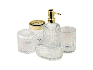 Ensemble salle de bain 5 pièces en verre transparent taillé diamant, distributeur de savon et accessoires assortis