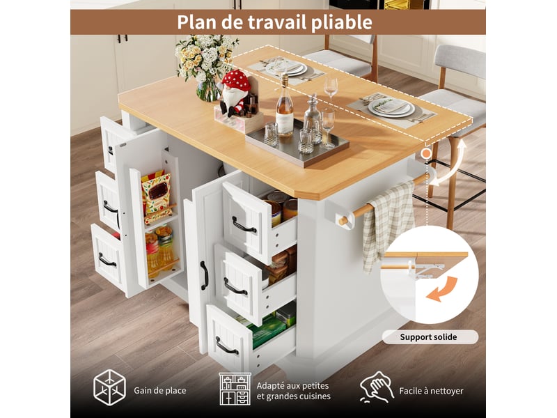  Desserte de cuisine 142x45-75,5x91 cm, 6 tiroirs et 2 portes, avec roulettes, en mdf et métal, couleur blanc et bois  - Conforama D