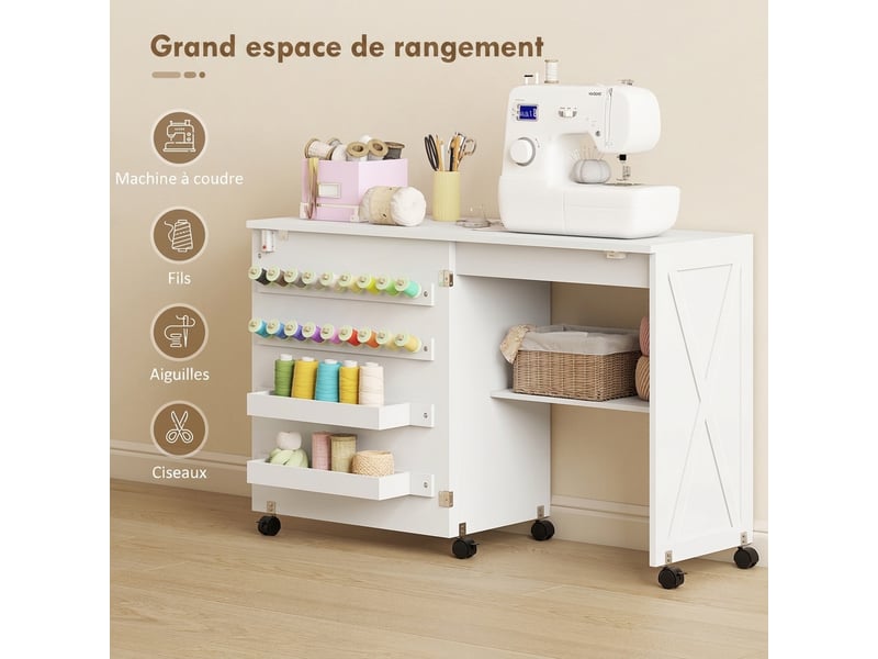  Table de couture pliante, meuble couture roulant, porte magnétique de grange, 2 bacs, étagère, 18 chevilles, blanc  - Conforama D