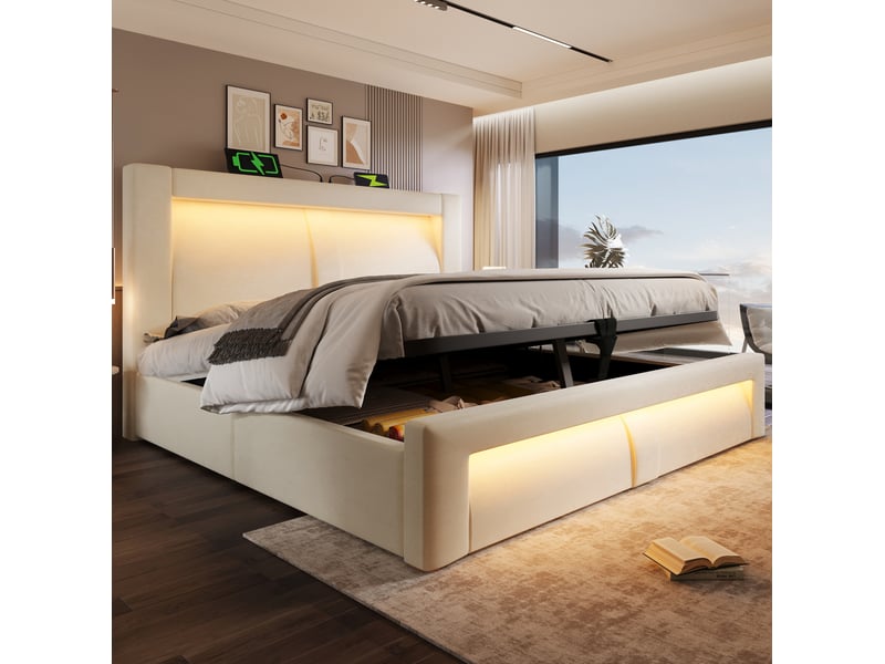 Lit avec rangement 160x200 cm, led, usb et type c, velours beige, avec matelas cravdom - Conforama D