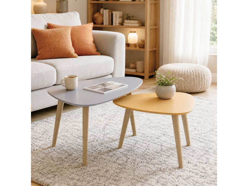  Lot de 2 tables basses gigognes design scandinave forme triangle de reuleaux bois mdf jaune orangé gris  - Conforama D