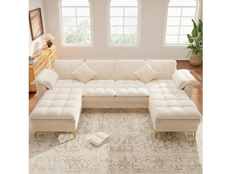  Canapé panoramique en u 4 places modulable avec deux méridiennes, coussins et pieds métalliques dorés en chenille beige  - Conforama B
