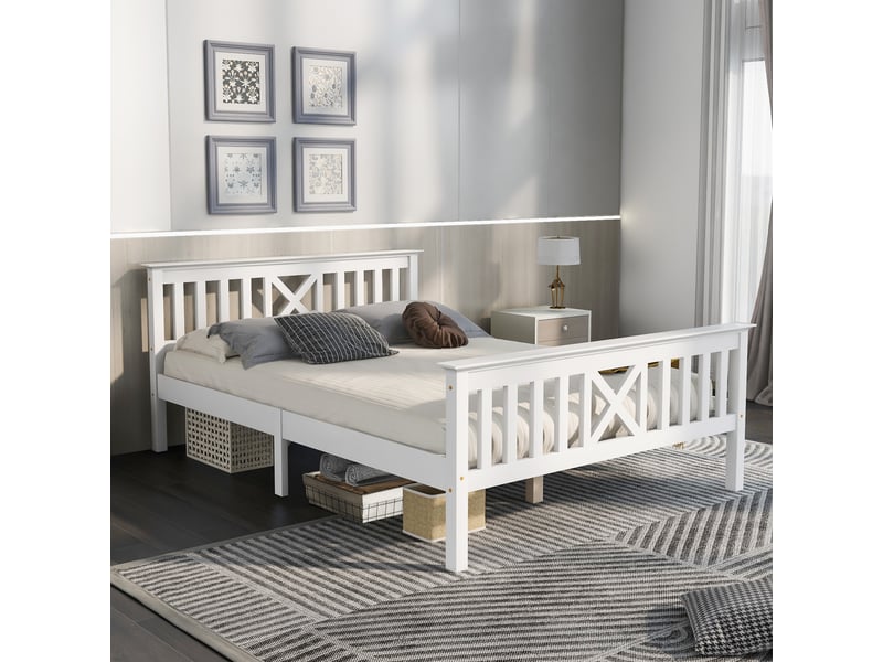  Lit blanc 140 x 200 cm avec sommier à lattes, pin massif et mdf, tête en x  - Conforama D