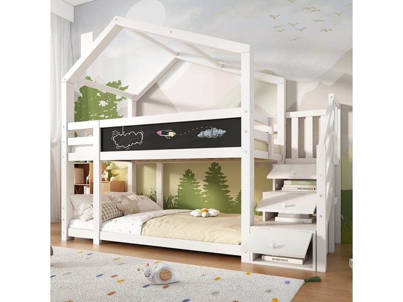  Lit superposé enfant 90x200 cm maison avec échelle rangement, tableau noir, garde-corps sécurité, 2 sommiers à lattes en bois - blanc (sans matelas)  - Conforama D