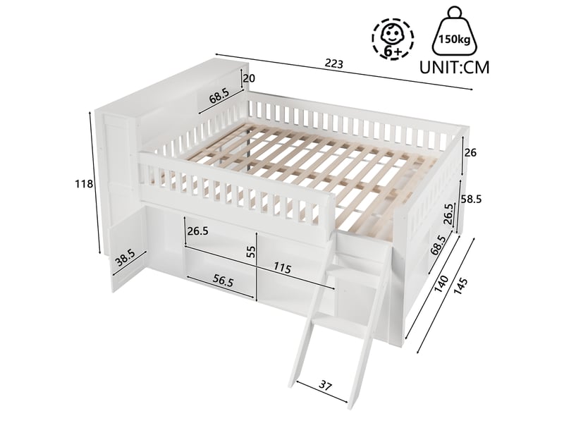  Lit mezzanine 140x200 cm blanc, avec rangements, étagères ouvertes, placard, led au chevet, échelle, sommier inclus, sans matelas  - Conforama C