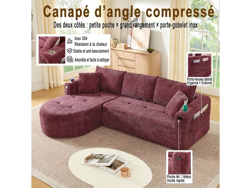  Canapé d'angle en l 3 places rouge bordeaux style canapé nuage avec porte-gobelet en acier  - Conforama D