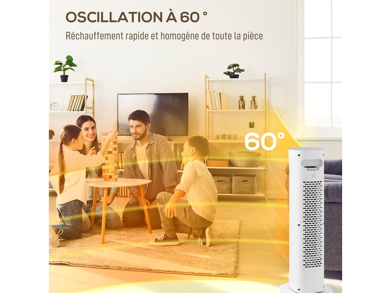 Chauffage d'appoint céramique ptc, radiateur électrique 2000 w avec thermostat réglable, 21x19,7x61cm, minuterie, blanc  - Conforama R