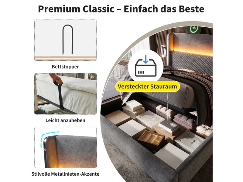  Lit 180x200 cm avec coffre, tête haute led et prises usb-c, sommier inclus sans matelas  - Conforama E