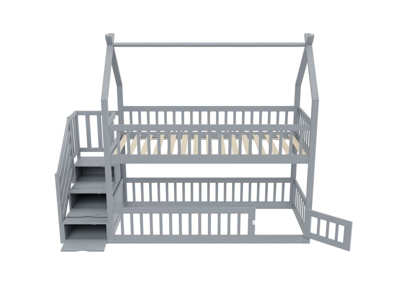  Lit superposé enfant - 90x200 cm - escalier avec tiroirs de rangement - lit superposé - design cabane bois massif gris avec barrière  - Conforama C