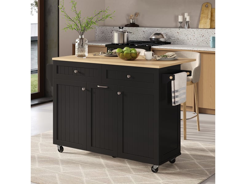  Îlot de cuisine sur roulettes avec plan de travail extensible, meuble de rangement noir avec tiroirs, 140x40x92 cm  - Conforama B
