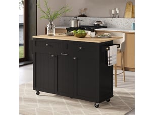 Îlot de cuisine sur roulettes avec plan de travail extensible, meuble de rangement noir avec tiroirs, 140x40x92 cm