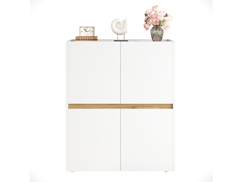  Armoire de rangement 4 portes 90x40x110 cm en panneaux de particules, blanc et chêne  - Conforama A