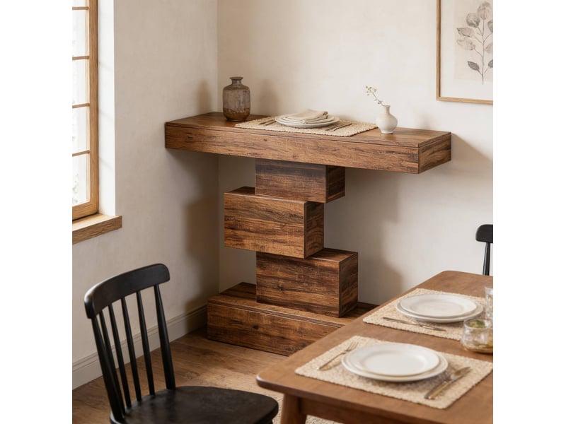 Table console 108 x 30 x 80 cm marron foncé en panneau de particules, base géométrique étagée pour entrée  - Conforama E