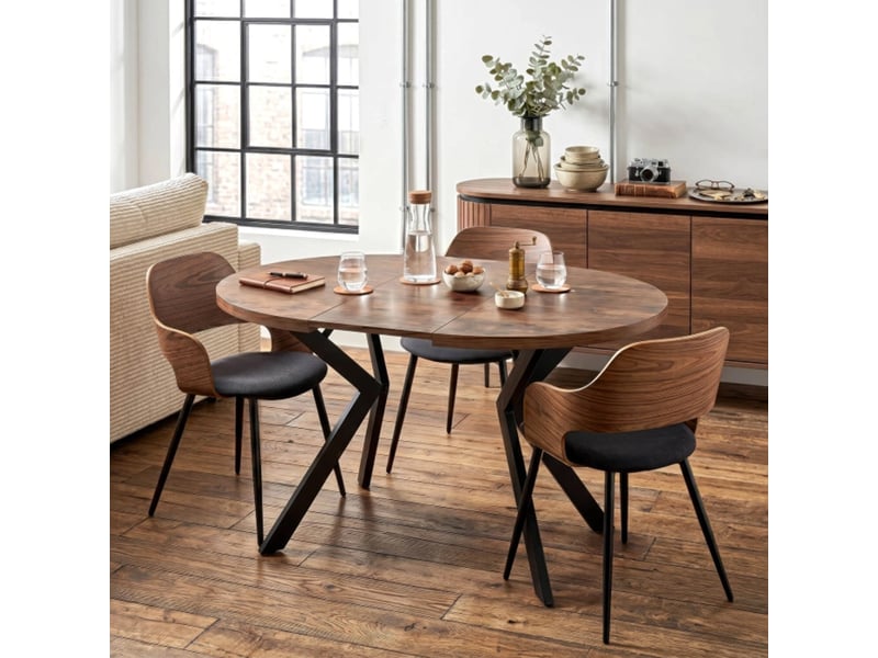  Table à manger ronde extensible couleur bois foncé pieds métal noir  - Conforama D