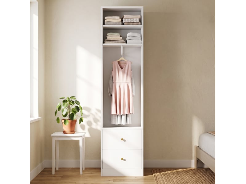  Armoire ouverte 50x30x200 cm, 2 tiroirs, 1 penderie, mdf et métal, blanc, design simple, rangement vêtements compact  - Conforama B