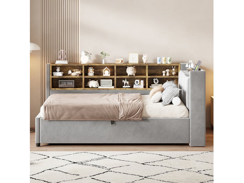  Lit coffre 90x200 tête multifonction lampe usb type-c rangement moderne revêtement velours gris clair sans matelas  - Conforama B