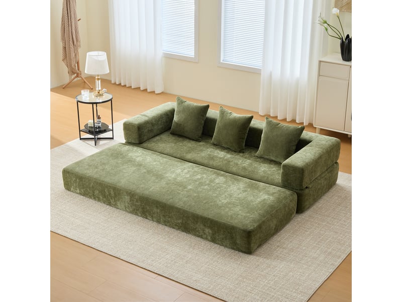  Canapé-lit convertible compressée modulable 3 places,198x79x60cm,avec poches latérales et base anti-glisse,chenille,vert  - Conforama B