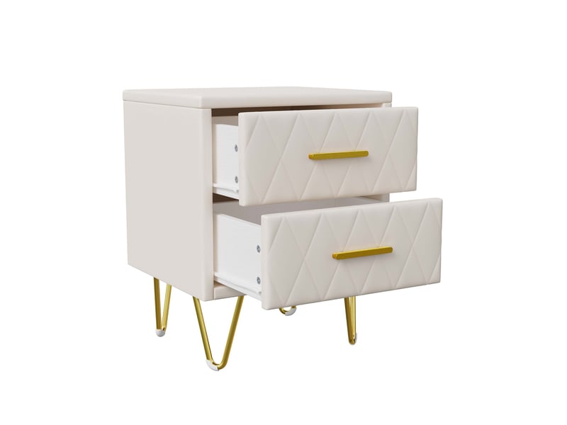  Lot de 2 tables de chevet beige en pu capitonné à 2 tiroirs, pieds métalliques dorés, rangement pour chambre et salon  - Conforama W