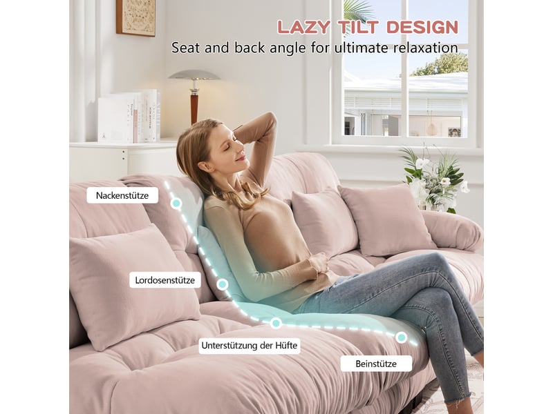 Canapé nuage d'angle modulable 3 places 313x145x81 cm avec pouf mobile, assise profonde, accoudoirs arrondis, chenille rose Radiant Stride - Conforama E