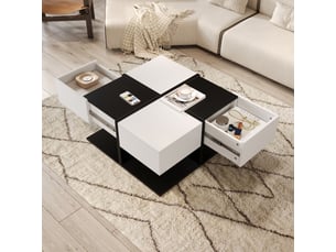 Table basse carrée avec 2 tiroirs et rangement dissimulé, rails coulissants pour salon, noir et blanc 70 × 70 × 35 cm - uvrion