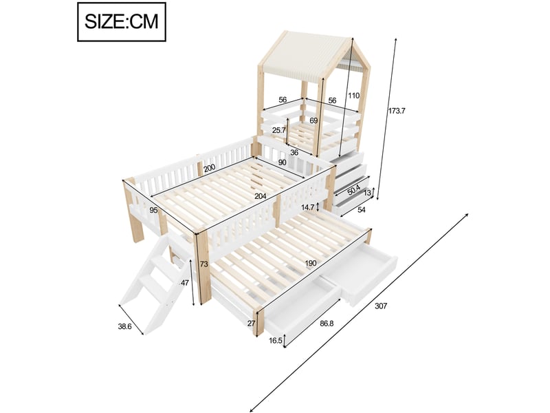  Lit enfant cabane 90x200 cm blanc et bois, lit gigogne 90x190 cm, rangements et escalier latéral fixe  - Conforama C