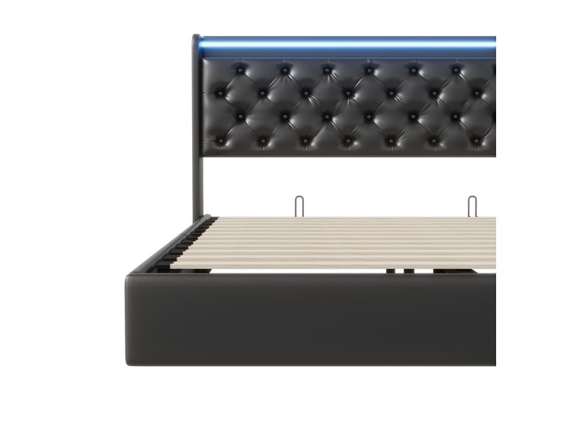 Lit double coffre - 160 x 200 cm - noir - similicuir pu, tête de lit de rangement avec led, prises et vérins hydrauliques - Conforama D