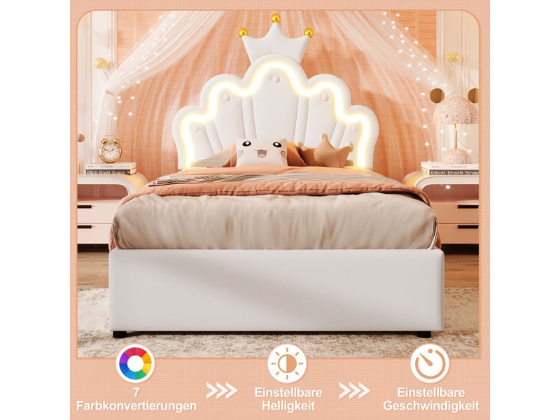  Modenvie lit coffre 1 place 90x200 cm - bande led, tête de lit réglable - sans matelas - blanc  - Conforama D