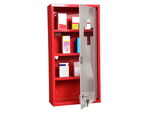 Armoire à pharmacie 3 étagères 4 niveaux verrouillable porte verre dépoli trempé logo croix 30l x 12l x 60h cm acier rouge