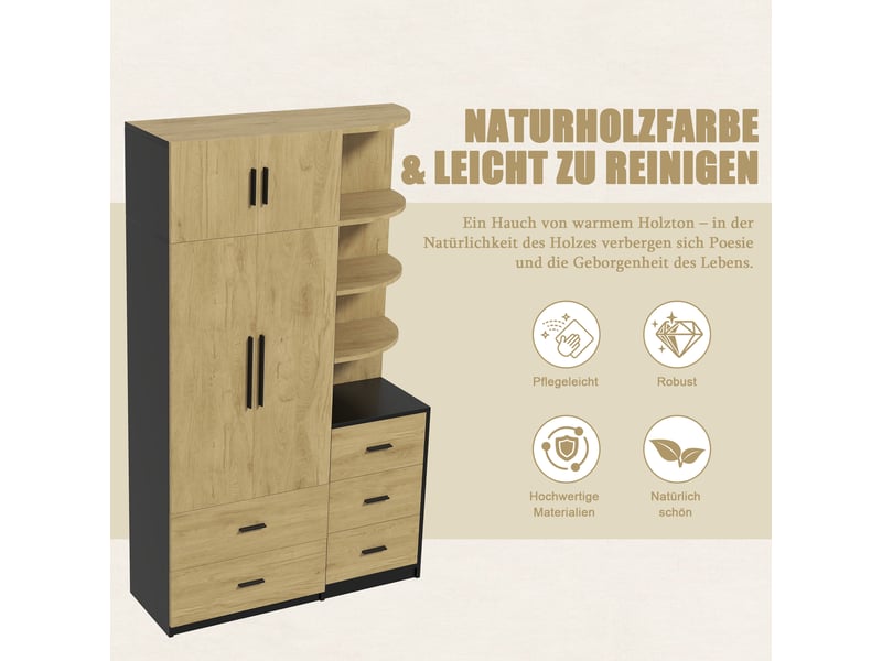  Armoire à vêtements 2 portes avec tringle, 5 tiroirs et rangements ouverts, meuble de chambre, bois naturel et noir  - Conforama W