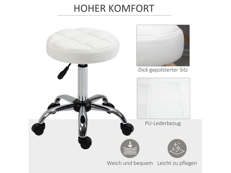  Tabouret de bureau réglable blanc en cuir régénéré, pivotant sur roulettes, compact pour salon ou bureau  - Conforama B